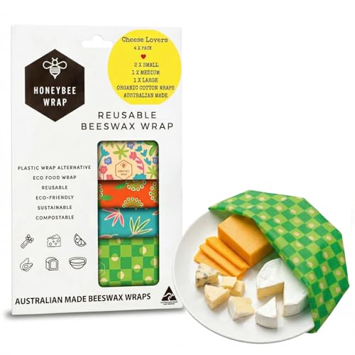 Honeybee Beeswax Wraps - Cheese Lovers Assorted Pack - Certified Organic Cotton Reusable Beeswax Wraps for Food - Plastic Wrap & Sandwich Bags Alternative - 4 Pack - Small, Medium & Large - color: 4 Pack (S, M, L)