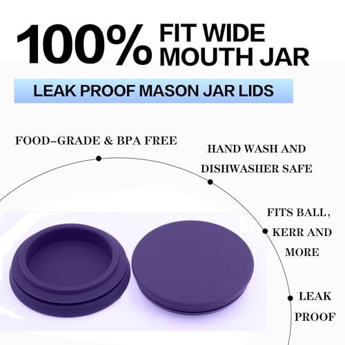 Wide Mouth Mason Jar Lids - Large Mouth Canning Lids Fit for All Wide Mouth Mason Jars,Food Grade Silicone Mason Jar Caps,Dishwasher Safe,Leak Proof Reusable Lids - color: Violet-2 Pack