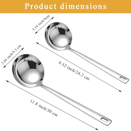 Kyraton 2 Piece Soup Ladle Set, 11.8" Large & 9.6" Small Stainless Steel Ladles, One-Piece Ergonomic Cooking Spoons, Dishwasher Safe Heavy Duty Serving Utensils for Home Kitchen Soup Sauce Noodle