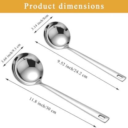 Kyraton 2 Piece Soup Ladle Set, 11.8" Large & 9.6" Small Stainless Steel Ladles, One-Piece Ergonomic Cooking Spoons, Dishwasher Safe Heavy Duty Serving Utensils for Home Kitchen Soup Sauce Noodle