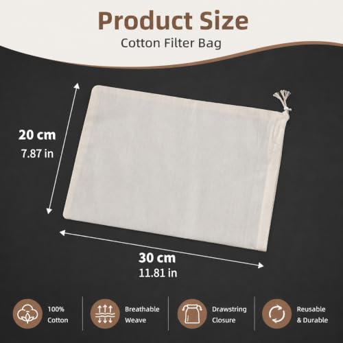 5Pcs Cotton Strainer Bags, Reusable Unbleached Cheesecloth Bags for Nut Milk, Juicing, Cooking & Food Straining (7.87x11.8in)
