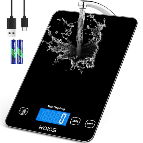 KOIOS Food Scale, 33lb/15kg Digital Kitchen Scale Weight in Grams and Ounces for Cooking Baking, 1g/0.1oz Precise Graduation, Batteries and Type-C Charging, Tare Function, LCD Display, Black - color: Black