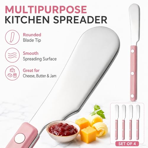 4PCS Stainless Steel Butter Knives Set: 6.3 Inch Cheese Spreader 304 Stainless Steel with Ergonomic Handle for Cheese, Butter & Jam (pink) - color: pink