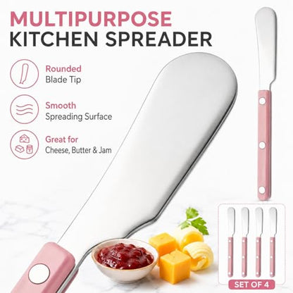 4PCS Stainless Steel Butter Knives Set: 6.3 Inch Cheese Spreader 304 Stainless Steel with Ergonomic Handle for Cheese, Butter & Jam (pink) - color: pink