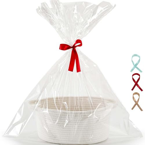 Happyiren Small Gift Basket with Gift Wrap Cellophane Bag and Ribbons, Gift Baskets for Christmas Thanksgiving Birthday Baby Shower Raffle Burr, - Rope Decorative Storage Organizer Container - color: Warm White+Cellophane & Ribbons, size: 1 Pack