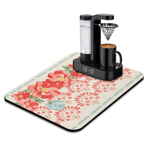 Washable Non-Slip Pioneer Flower Dish Drying Mats,Super Absorbent Quick Drying Mat For Kitchen Counter Home Large Coffee Bar Pad Accessories And Decor 18''x24'' (Boho Red Flower, 18*24) - color: Boho Red Flower, size: 24" x 24"
