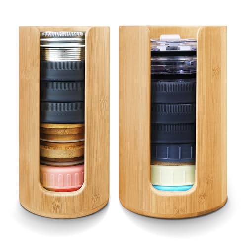 Mason Jar Lid Organizer, Wide & Regular Mouth Lids Holder (2pcs) | Mason Jar Lid Storage Made of Bamboo, Stackable Space-Saving Rack, Suitable for Mason/Canning/Bamboo Lids - style: Single-sided hole