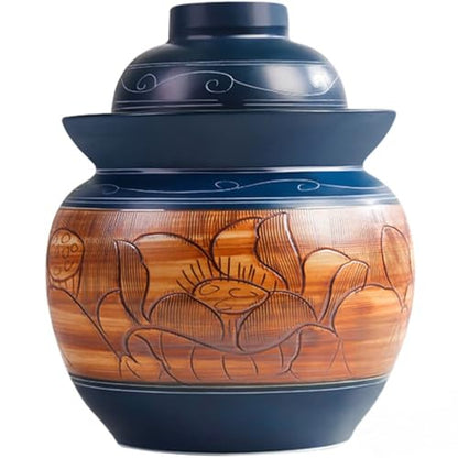 Retro Kimchi Jar with Embossed Lotus Pattern, Water-Sealed Fermentation Tank, Handmade Ceramic Pickling Crock, with Double Lid(5kg/176.4oz) - size: 5kg/176.4oz