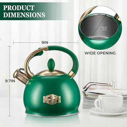 SUSTEAS Stove Top Whistling Tea Kettle - Food Grade Stainless Steel Teakettle Teapot with Cool Touch Ergonomic Handle, With 1 Silicone Pinch Mitt Included, 2.64 Quart (Green) - color: Green