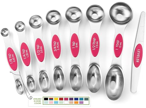 Spring Chef Pink Stainless Steel Magnetic Measuring Spoons Set of 8 with Leveler, Dual Sided Teaspoon & Tablespoon Measuring Set for Dry and Liquid Ingredients, Kitchen Gadgets for Baking & Cooking - color: Pink, size: 1-Pack