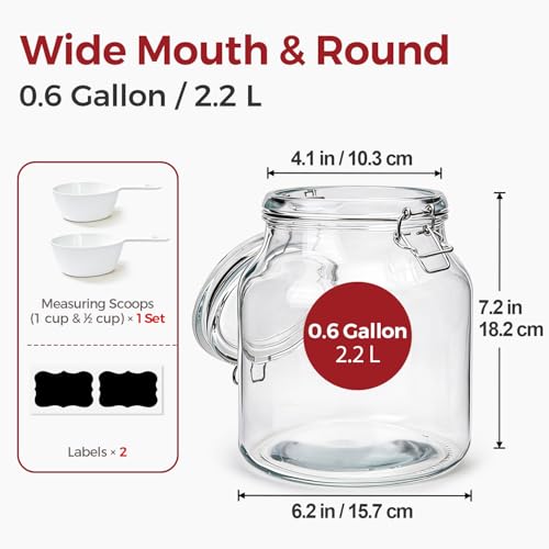 0.6 Gallon 2 Pack Wide Mouth Glass Jars with Airtight Lid – Includes 1 Cup & 0.5 Cup Measuring Scoops & Labels, Ideal for Flour, Sugar, Coffee, Cereal, Rice & Dry Goods | Thick Glass, BPA-Free