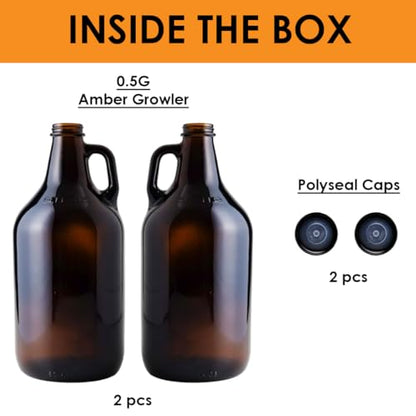 FastRack 64oz Amber Glass Growlers with Polyseal Caps (2 Pack) | Half Gallon (1/2 Gallon) Beer Growler Jugs for Home Brewing, Wine, Cider & Kombucha – Reusable Amber Glass Jugs for Beverage Storage - size: 2 Pack