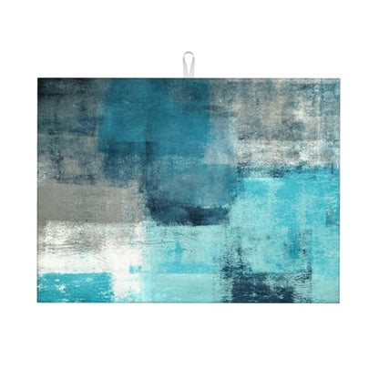 Teal and Grey Dish Drying Mat Abstract Art Painting Turquoise White Geometric Blue Drying Rack Pad Countertop Dishes Ultra Absorbent Microfiber Kitchen Counter Mat 18x24 Inch - color: Teal
