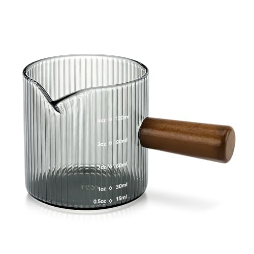Espresso Measuring Cup 4 Oz, Espresso Glass Cups with Wood Handle, Milk Frothing Cup, Espresso Cup for Coffee, Milk, Tea or Maple Syrup Serving (Gray, 4 oz) - color: Gray, size: 4 oz