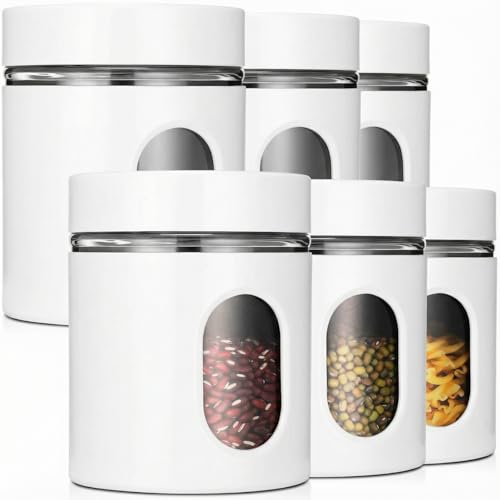 Mimorou 6 Pack Kitchen Canisters Set Airtight Coffee Sugar Tea Storage Jars with Window Glass Stainless Steel Containers with Lids for Flour Cookies Spices Grains Kitchen Decorations(White,20 oz) - color: White, size: 20 oz