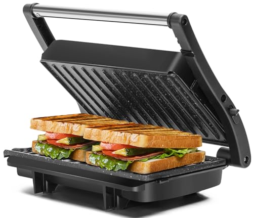 Panini Press Grill, Aigostar 1000W Sandwich Maker with Ceramic Non-stick Plates, Opens 180 Degrees for Any Size Food, 3-in-1 Sandwich Press Electric Grill, Drip Spout & Locking Lid, Sliver - color: Black