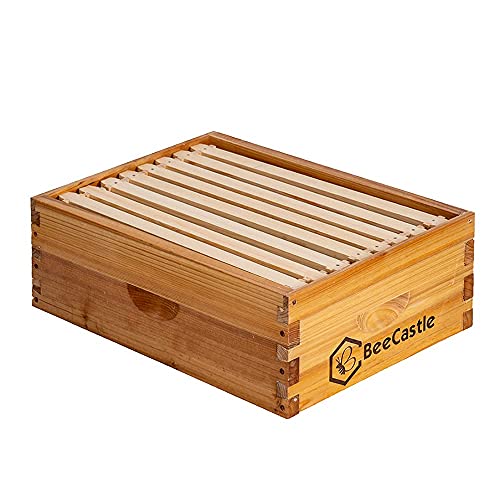 BeeCastle 8 Frame Medium Super Bee Hive Box, Langstroth Honey Bee Hive Dipped in 100% Beeswax Include Beehive Frames and Wax Foundations (Unassembled) - size: 8-Frame