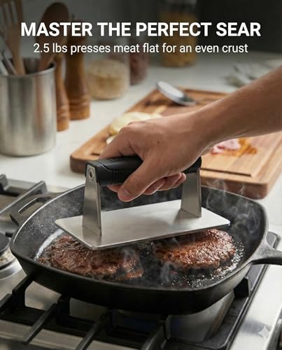 Stainless Steel Burger Smasher 2.50 LB 8x4.25 Inch Steak Weight for Smash Burgers, Bacon, Sandwiches | Dishwasher Safe, Preheatable Protein Press with Silicone Handle | Commercial BBQ Tool - size: 8 x 4.25"