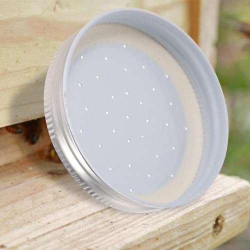 Happyyami 4pcs Entrance Feeder Beehive Feeder Lids Honey Bee Feeder Mason Jar Lids Plastic Bee Hive Entrance Feeder with Perforated Lids Beekeeping Perforated Lid Fits Mason Jars