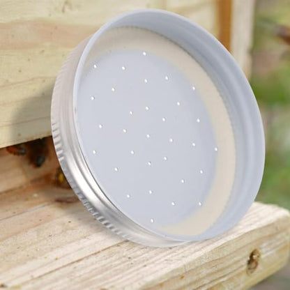 Happyyami 4pcs Entrance Feeder Beehive Feeder Lids Honey Bee Feeder Mason Jar Lids Plastic Bee Hive Entrance Feeder with Perforated Lids Beekeeping Perforated Lid Fits Mason Jars