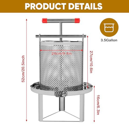 Honey Press, 3.5 Gallon Honey Extractor Manual Stainless Steel Bee Honey Press Extractor Household Manual Mesh Honey Press Extractor Machine for Wine Honey and Juice Making
