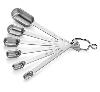 New Star Foodservice 43136 Stainless Steel 1/8 Measuring Spoons, Set of 6, Narrow Rectangular Measuring Spoon Set with Wall Mount Hook for Spices, Baking, Cooking, Silver
