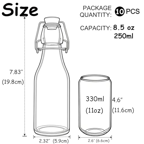 ZEBEIYU 10 Pack Swing Top Glass Bottles 8.5 oz,Flip Top Beer Brewing Bottles for Kombucha, Homemade, Kefir, Water, Beverages, Soda, Oil, Vinegar, Fermentation,Limoncello - size: 8.5 oz