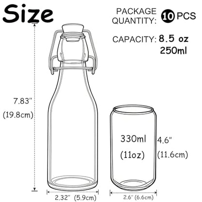 ZEBEIYU 10 Pack Swing Top Glass Bottles 8.5 oz,Flip Top Beer Brewing Bottles for Kombucha, Homemade, Kefir, Water, Beverages, Soda, Oil, Vinegar, Fermentation,Limoncello - size: 8.5 oz