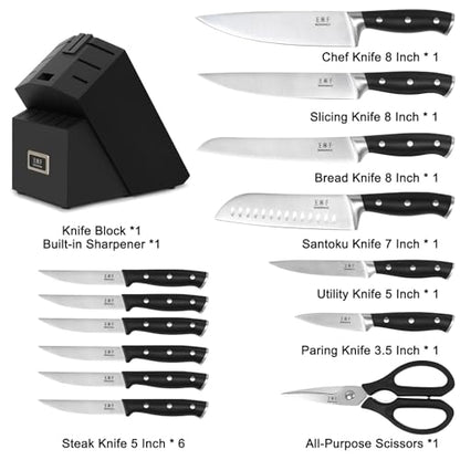 WANGMAZI 15 Pcs Knife Set with Block, Dishwasher Safe Kitchen Knife Set with Built in Sharpener Block, High Carbon Stainless Steel Dishwasher Safe Knives with Ergonomic Handles for Chef, Black Pro - color: 04-Black Pro