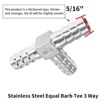 5/16" Tee Hose Barb Fitting Stainless Steel Equal Barb 3 Way T shaped Splitter Joint Connector Adapter Union Fitting for Fuel Gas Liquid Air(Thickened version-2Pcs) - size: 5/16 Inch, style: 2 Pcs