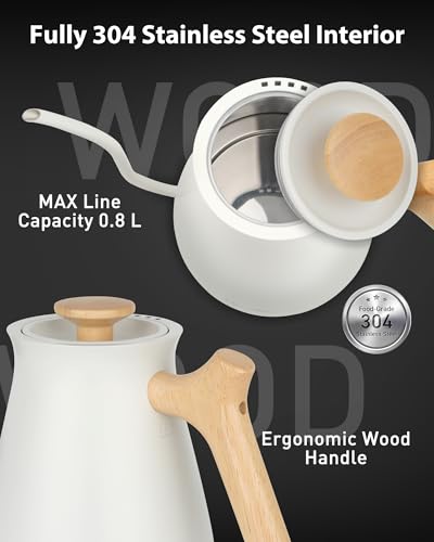 Harriet Gooseneck Electric Kettle 1200W Fast Heat, 0.8L Stainless Steel, Precision Temp Control & Timer, Wood Handle - color: White