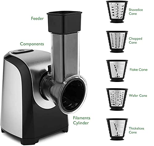 Electric Cheese Grater and Slicer Shredder for Kitchen, 150W 5 Cones | Salad Maker Grates slices shreds cheese vegetables fruits nuts,for salad pizza soup,5 stainless steel cones,one-touch control
