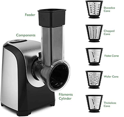 Electric Cheese Grater and Slicer Shredder for Kitchen, 150W 5 Cones | Salad Maker Grates slices shreds cheese vegetables fruits nuts,for salad pizza soup,5 stainless steel cones,one-touch control