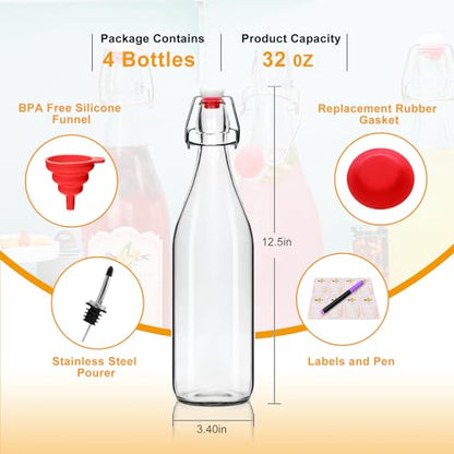 32oz Swing Top Glass Bottles - Flip Top Glass Beer Bottle with Airtight Stopper for Fermentation,Brewing,Clear Kombucha Bottles for Water, Beverages, Beer, Juice, Soda,Kefir,4 Pack - size: 32oz-4pack