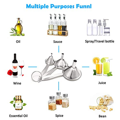 Small Funnels for Filling Bottles, 3 Pcs Stainless Steel Kitchen Funnel Set, Food Grade Mini Metal Funnel for Transferring Oil Liquid, Easy Cleaning with a Brush (Long Handle) - size: long handle