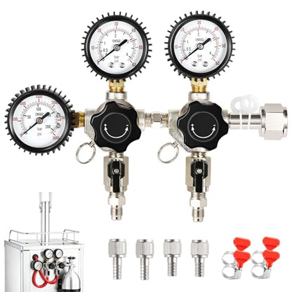 Keg Co2 Regulator Dual Output, Triple Gauge CGA-320 Co2 Regulator for Kegerator with 1/4'' & 5/16'' Quick Disconnect Barb Connectors, Co2 Tank Pressure Regulator with Safety Pressure Relief Valve - size: Dual Output - Threded Fitting