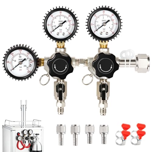 Keg Co2 Regulator Dual Output, Triple Gauge CGA-320 Co2 Regulator for Kegerator with 1/4'' & 5/16'' Quick Disconnect Barb Connectors, Co2 Tank Pressure Regulator with Safety Pressure Relief Valve - size: Dual Output - Threded Fitting