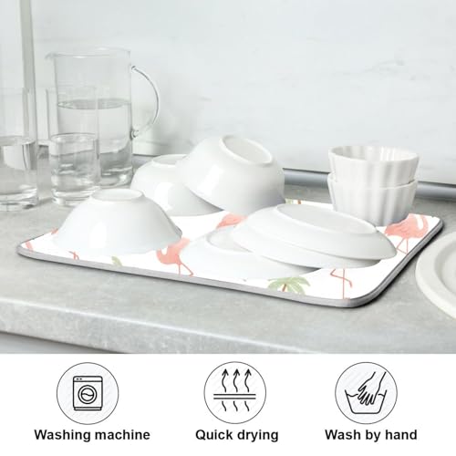 Tropical Flamingo Palm Tree Dish Drying Mat for Kitchen Counter Super Absorbent Draining Mat with Non-slip Backed Dish Rack Pad for Dish Bottles Cups Bowl Sinks Countertops Draining Racks