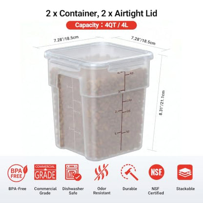 2 Pack 4 QT Airtight Commercial Food Storage Containers, BPA-Free Translucent Polypropylene, Built-In Labeling Area, Stackable for Sugar & Rice, Tall Model - size: 2 X 4.0(QT)-Tall