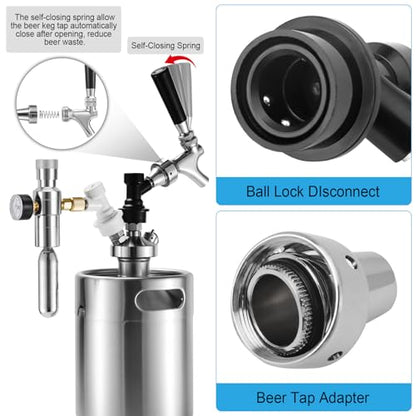 Ball Lock Keg Tap and Mini Co2 Regulator Set, Stainless Steel Self-Closing Ball Lock Beer Faucet & 0-60PSI Mini Beer Keg Charger Regulator Kit with Ball Lock Disconnect for Corny Keg Party