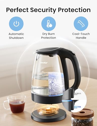 COMFEE' Electric Kettle, 1.7L Hot Water Boiler, 1500W Fast Boil, Glass Electric Tea Kettle with LED Indicator, Auto Shut-Off and Boil-Dry Protection, BPA Free - color: Deep Black, size: 1.8 Quarts