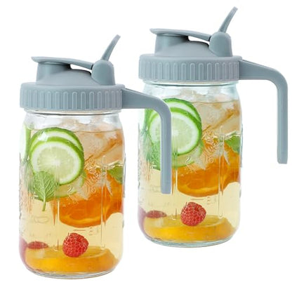 Mason Jar Pitcher Wide Mouth 2 Pack 32 OZ Glass Jars With Pour Spout Lids Airtight Leak-proof 1 Quart Water Pitcher With Handle For Iced Tea, Milk, Sun Tea, Lemonade, Iced Coffee - color: 32 OZ 2PC