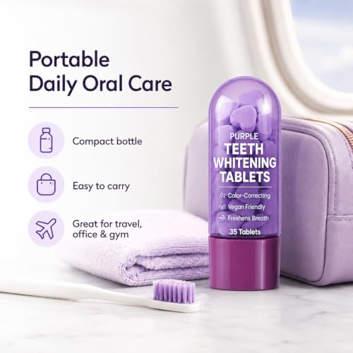 Purple Toothpaste Tablets for Teeth Brighten, 30 Count (Two Bottles) | With Nano Hydroxyapatite Fresh Breath & Oral Care, Portable Cleaning Tablets with Vitamin C & Mint Extract