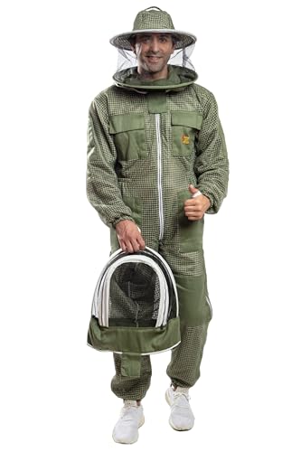 -- Beekeeping Ventilated Suit in multi-Colors with Round Or Fencing Veils - color: Olive Green Suit With Two Veils, size: 3X-Large