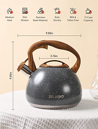 BELANKO 2.7 Quart Tea Kettle for Stovetops - Food Grade Stainless Steel Teapot with Loud Whistle, Cool-Touch Wood Pattern Handle, Rust-Resistant Whistling Kettle - Starry Gray - color: Starry Gray