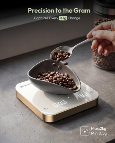 Maestri House S2 Espresso Coffee Scale with Timer, USB-C Rechargeable 2kg/0.1g Precision Shot Scale, Digital Scale for Espresso Brewing(White & Gold) - color: White&Gold
