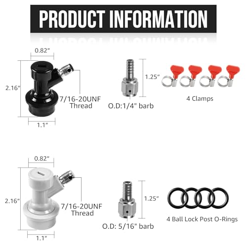 2 Pairs Keg Ball Lock Quick Disconnect Set Home Brewing Keg Parts Ball Lock Keg Fittings with Stainless 5/16'' for Hose 1/4'' Beer Barb Swivel Nuts Hose Clamp for Keg Post Coupler Black White - size: 2 Pairs