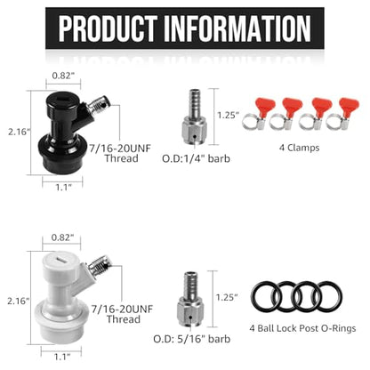 2 Pairs Keg Ball Lock Quick Disconnect Set Home Brewing Keg Parts Ball Lock Keg Fittings with Stainless 5/16'' for Hose 1/4'' Beer Barb Swivel Nuts Hose Clamp for Keg Post Coupler Black White - size: 2 Pairs