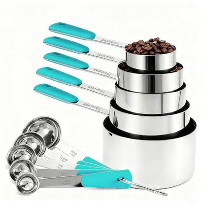 Bopei Measuring Cups and Spoons Set Stainless Steel 10 Piece for Cooking and Baking (5 Cups + 5 Spoons, Aqua Sky Handle) - color: Aqua Sky