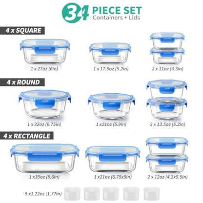 34pcs Glass Food Storage Containers with Lids Set, Airtight Glass Meal Prep Containers (17 Containers & 17 Lids), Leak Proof Lunch Container BPA-Free, Microwave, Oven, Freezer, Dishwasher Safe-Blue - color: Blue